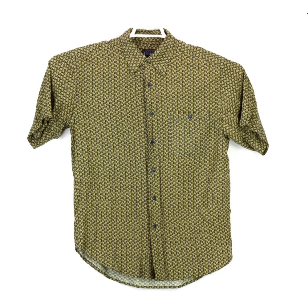 Basic Editions Mens Medium Rayon Short Sleeve Button Down Shirt Leaf Print Green